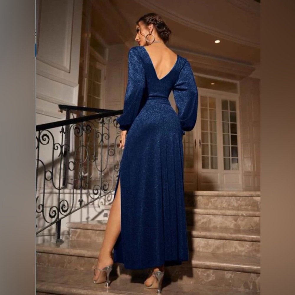 Blue long sleeve dress, formal wear, low cut on back